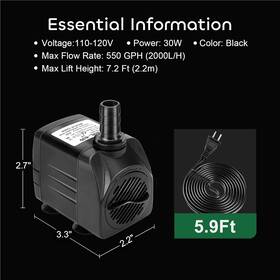 2000l Growneer 705353732812 550gph Submersible Pump 30w Ultra Quiet Fountain Water 2000l/h