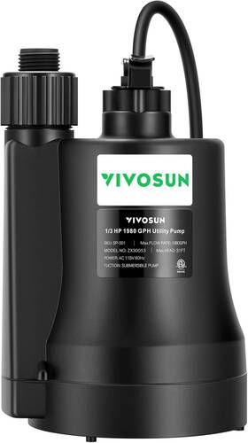 Sp-001 Vivosun Submersible Water Pump 1/3hp 1980gph Utility Black