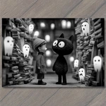 Sticker Black Cat Boy Ghost Library Monochrome Whimsical Haunted Bookstore Mag. Fixed Price $8.99.